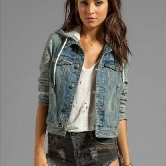 Free People Light Blue Distressed Jean Jacket with Gray Hoodie - Picture 4 of 4